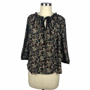 BELLATRIX Black Floral Peasant Blouse XS Boho Popover Flowy